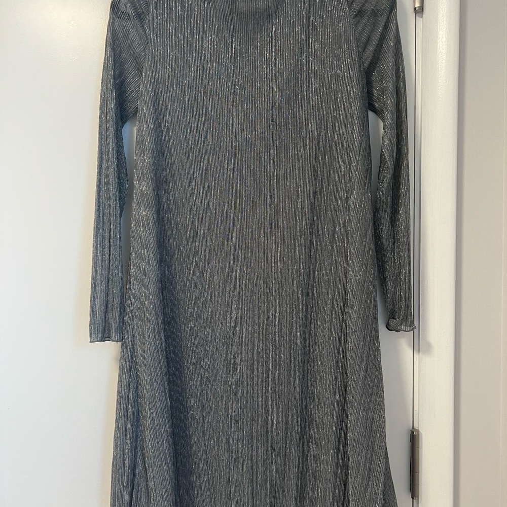 MARINA Silver Metallic Long Sleeve A-Line Dress